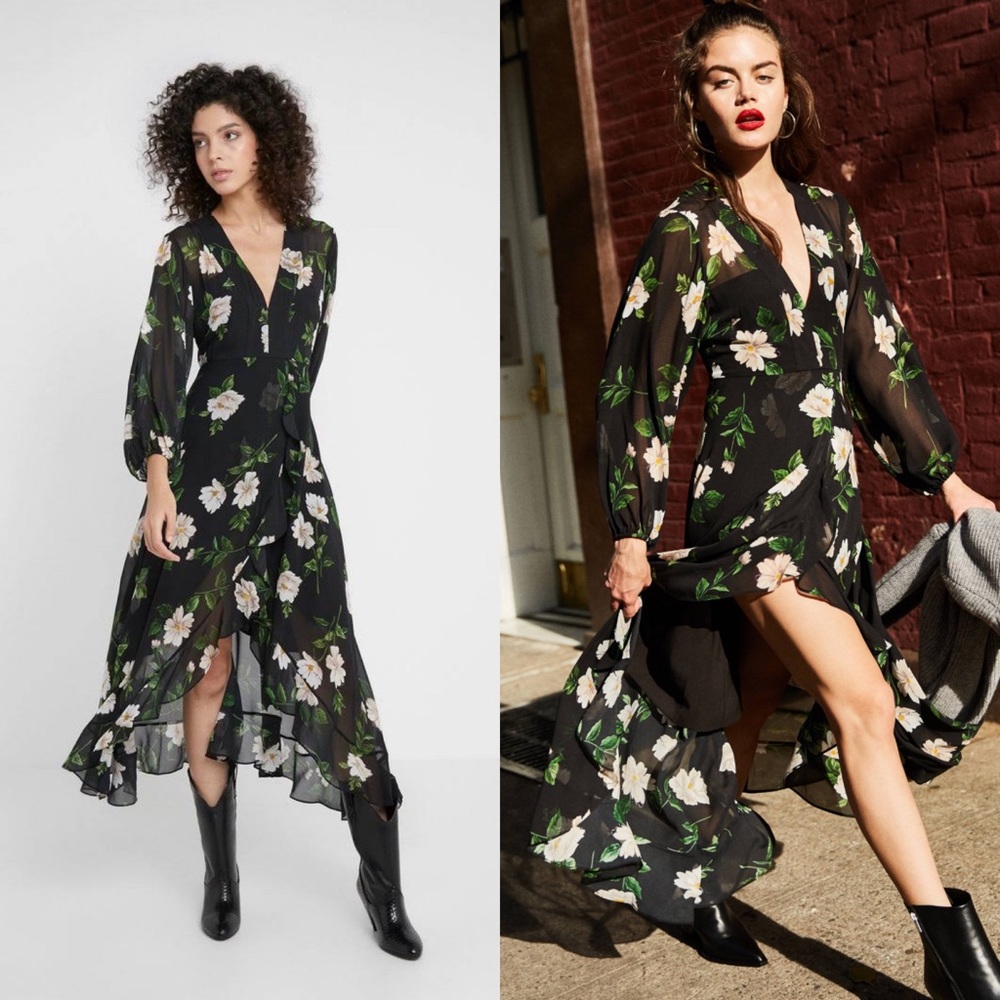 The Kooples Allure Ruffled Long Sleeve Floral Midi Dress sz 1
